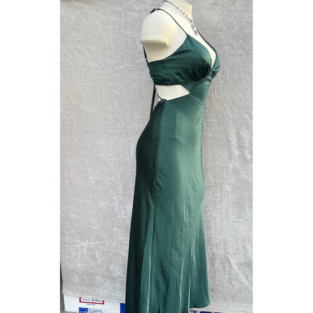 Here Comes The Sun Emerald Green Satin Midi Slip Dress Size S Cutout Cocktail - Picture 5 of 16